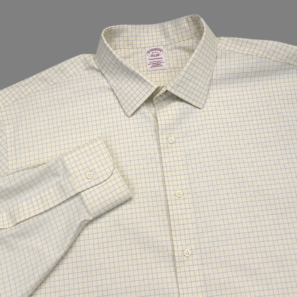 Brooks Brothers Mens 18 34 Traditional Dress Shirt Yellow Blue Check Non Iron
